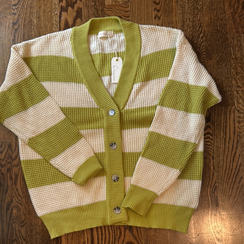 By Together Striped Green and Cream Women's Sweater medium